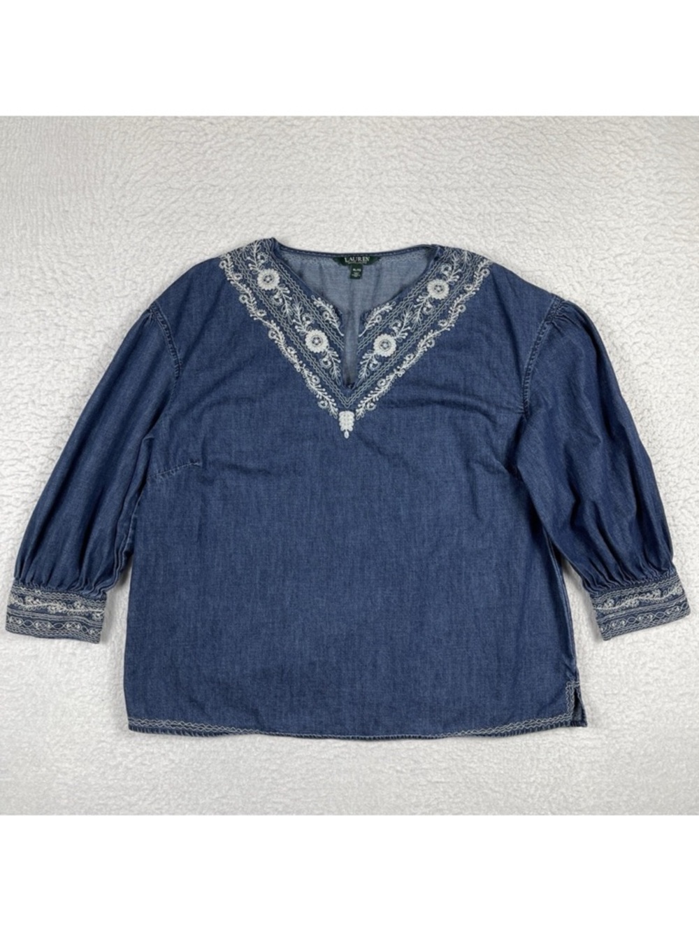Lauren Ralph Lauren‎ Shirt Womens XL Blue Floral Embroidery Denim LRL Country